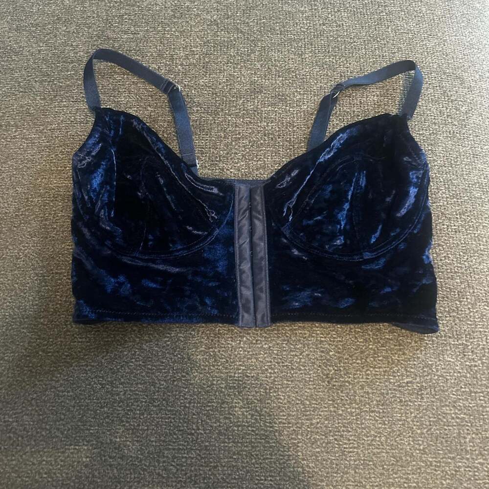 Topshop Whimsigoth Dark Romance Navy Blue Velvet Mesh Corset Bra Cami Top 36C